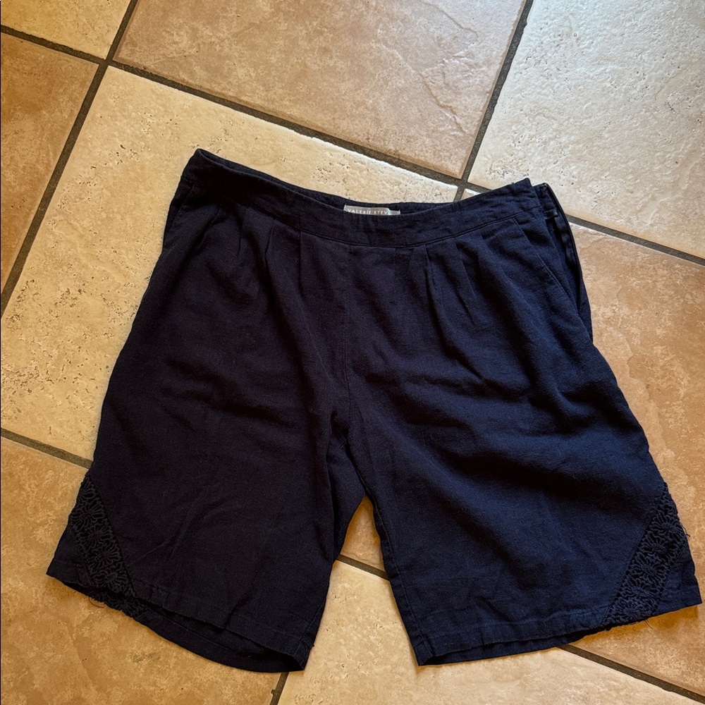 Valerie Stevens Linen Navy High Waisted Shorts with Lace Detail